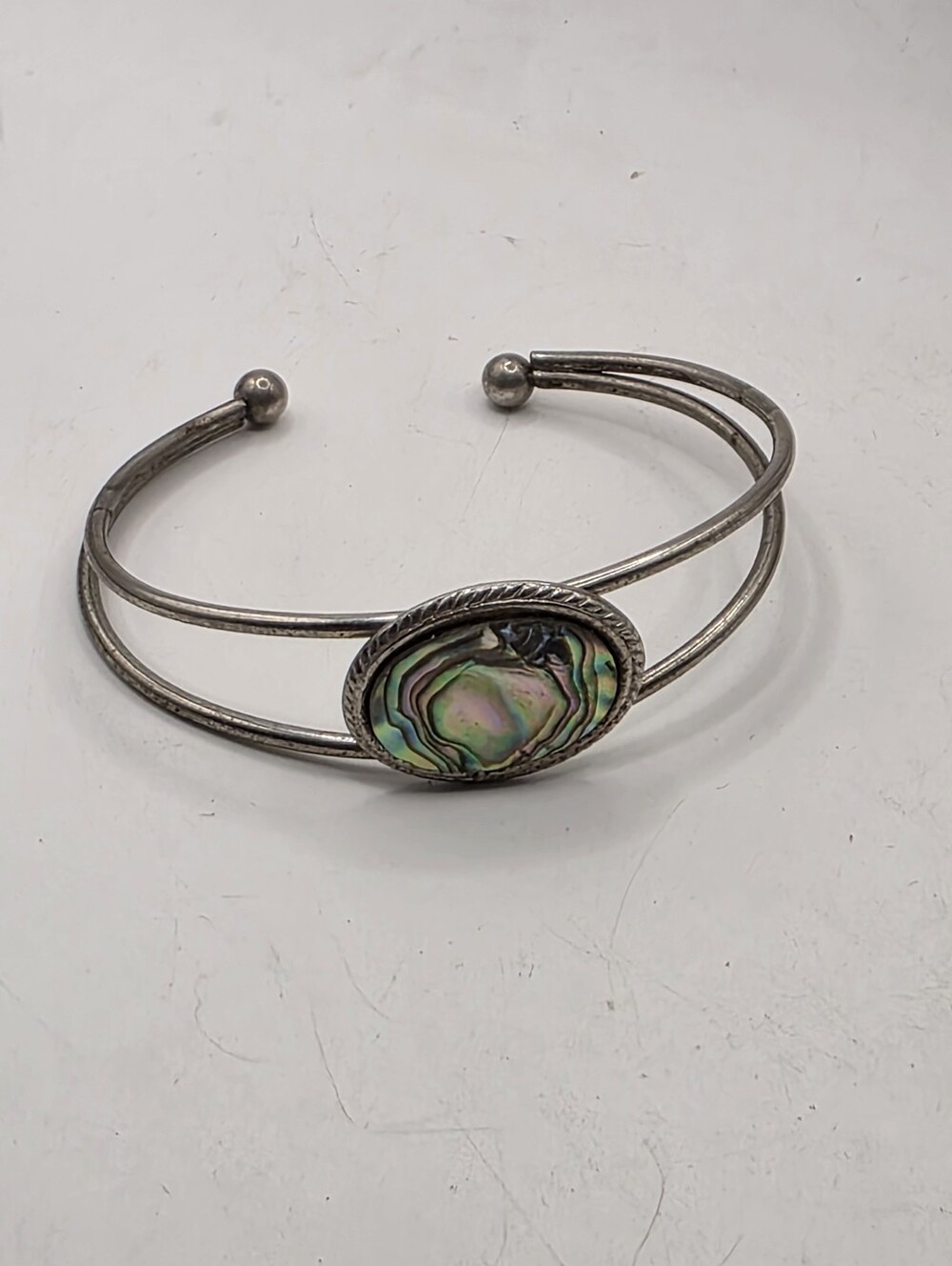 Vintage Alpaca Silver Tone Oval Abalone Shell Inlay Split Band Cuff Bracelet